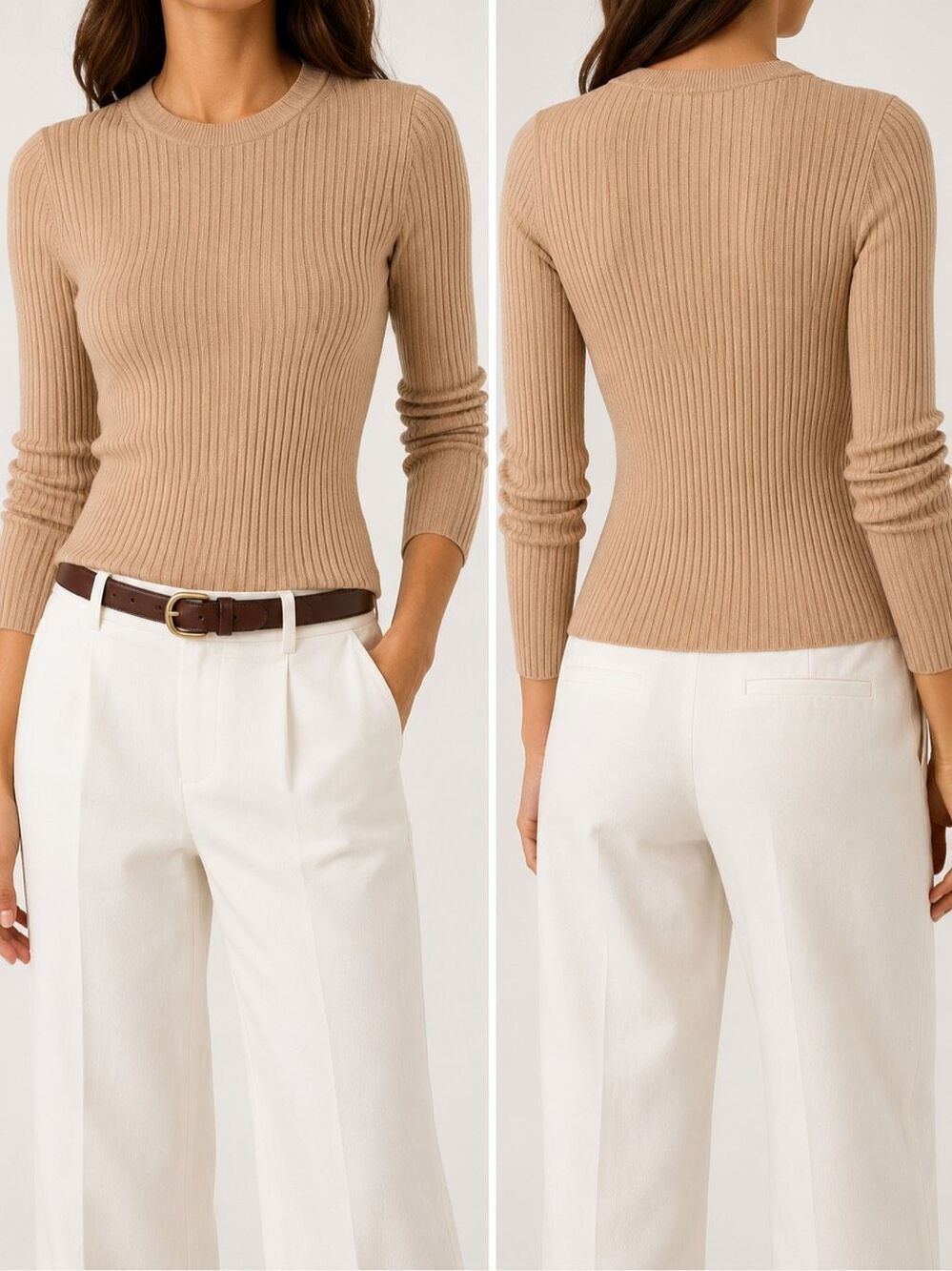 Vince Ribbed Knit Long Sleeve Sweater Top Tan Beige Size Small